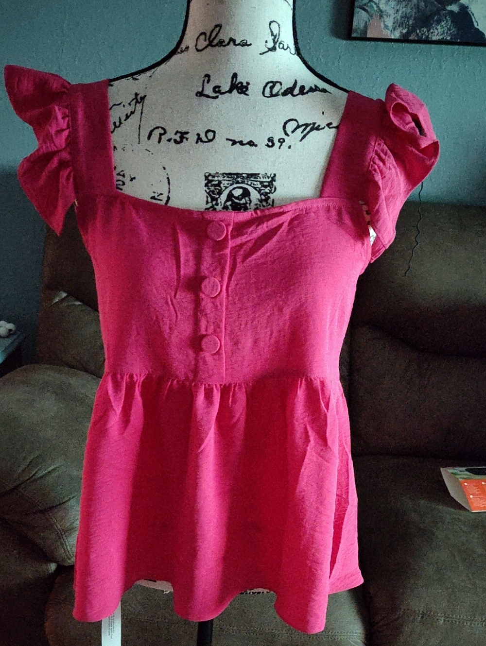 Lyaner Bright Pink Women's Ruffle Sleeve Square Neck Top